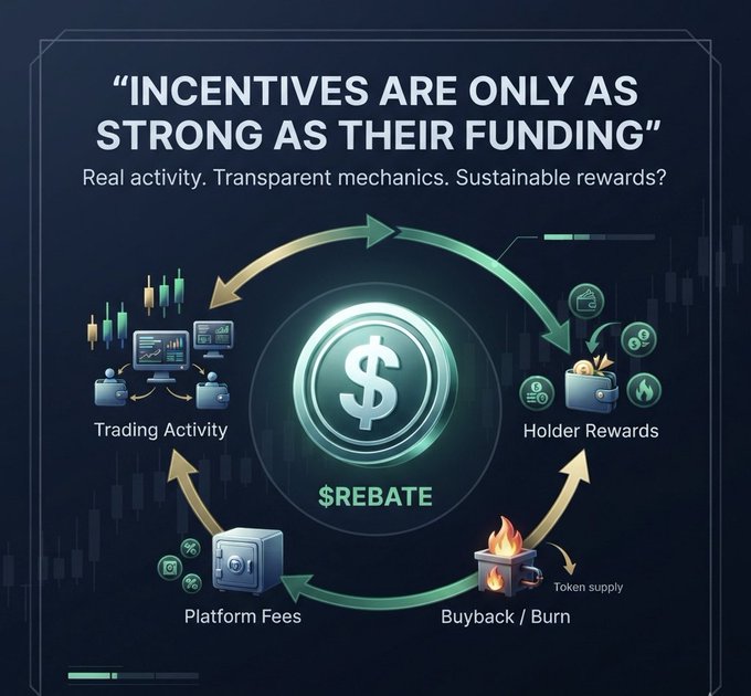 A dark financial infographic reads “INCENTIVES ARE ONLY AS STRONG AS THEIR FUNDING” and “Real activity. Transparent mechanics. Sustainable rewards?”, showing a circular token-rebate system with Trading Activity, Holder Rewards, Buyback / Burn, Token supply, and Platform Fees.