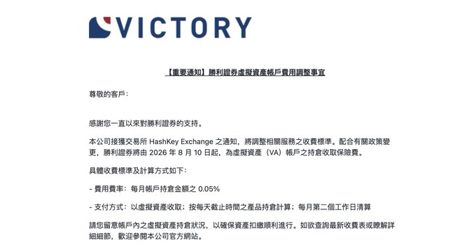 The image is an announcement from Victory Securities stating that starting August 10, 2026, the company will charge a 0.05% monthly custody fee on virtual assets (VA) held in client accounts, in compliance with HashKey Exchange's updated fee standards, with fees calculated based on daily holdings and deducted on the second working day of each month.