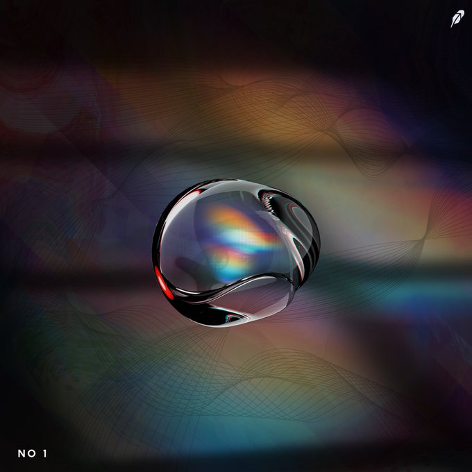 A 3D rendering of a glossy, reflective spherical object with iridescent colors floating against a dark background with subtle wave patterns, labeled 'NO 1' in the corner.