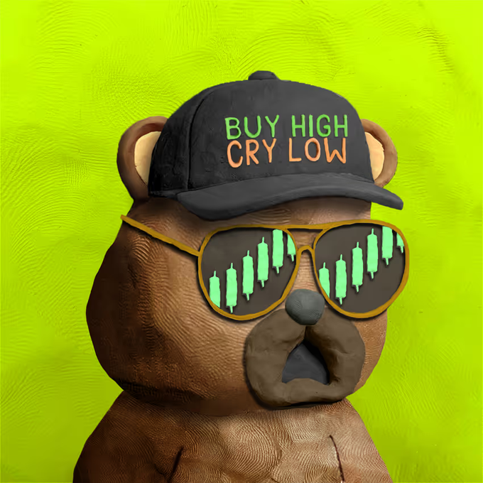 A 3D rendered brown bear with a shocked open-mouth expression wears a black cap reading 'BUY HIGH CRY LOW' and sunglasses showing green candlestick charts against a green background.