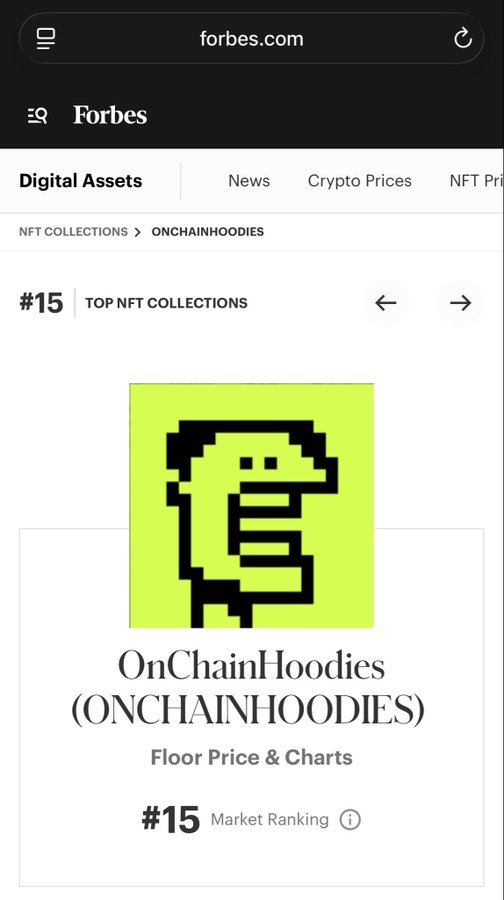 A screenshot from forbes.com showing the "Digital Assets" section, specifically ranking "OnChainHoodies (ONCHAINHOODIES)" at #15 among Top NFT Collections.