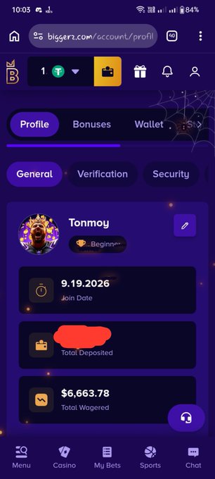A mobile screenshot of a Biggertz.com profile named 'Tonmoy' showing a join date of 9.19.2026, a redacted total deposited amount, and total wagered of $6,663.78.