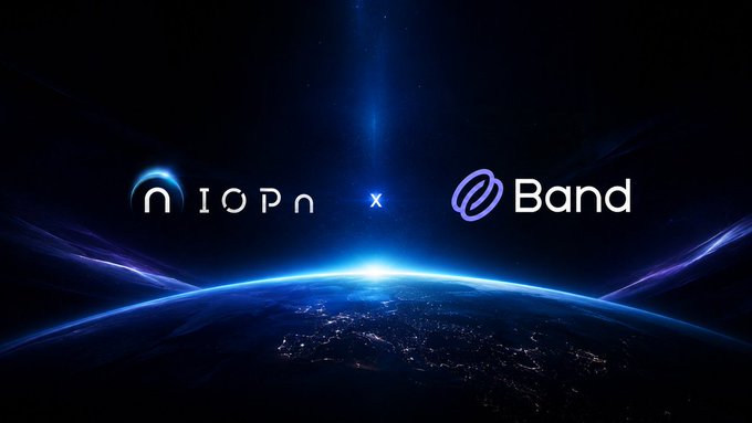 The image showcases a partnership announcement between OPN Chain and Band Protocol, featuring both logos ("OPN" and "Band") against a cosmic backdrop of Earth from space, symbolizing the launch of Band VRF on OPN Chain for verifiable randomness in apps like games and lotteries.