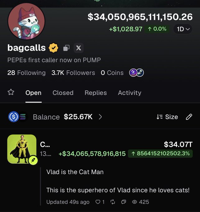 The image displays a Polymarket-style profile for "bagcalls" showing a balance of $34,050,965,111,150.26 with a +$1,028.97 gain, featuring an open position on a coin with a $34.07T market cap that increased by 8,564,152,102,502.3%, captioned as "Vlad is the Cat Man" superhero of Vlad who loves cats—humorously illustrating the poster's viral joke about being up 34 trillion dollars from a quirky "$CATMAN" token they aped into.