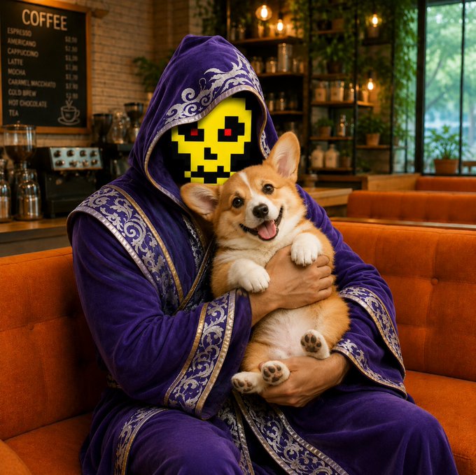 A figure in a purple robe with gold trim holding a smiling Corgi puppy on an orange couch in a coffee shop, with the figure's face obscured by a yellow skull pixel art.