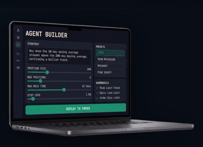 A laptop displays an 'Agent Builder' trading platform interface with strategy settings including position size, max positions, max hold time, and stop loss, alongside presets like Trend, Mean Reversion, Breakout, and Pine Script.