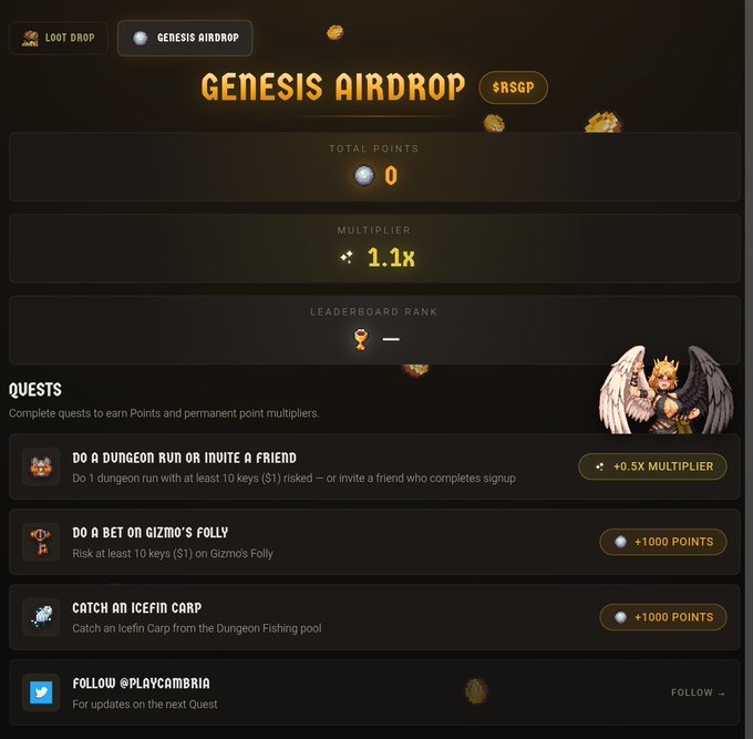 A 'Genesis Airdrop' interface for $RSGP showing Total Points, a 1.1x Multiplier, Leaderboard Rank, and available quests like dungeon runs and following @PlayCambria.