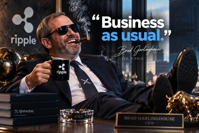 A stylized image of Brad Garlinghouse, CEO of Ripple, relaxing with feet up while smoking a cigar and holding a Ripple mug, with the quote 'Business as usual.' credited to @stedas.