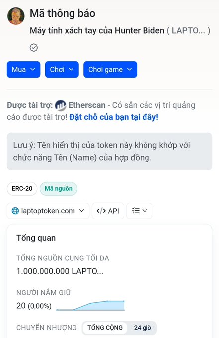 An Etherscan token page titled 'Máy tính xách tay của Hunter Biden (LAPTO...)' on the Ethereum network with 1 billion LAPTO total supply held by 20 wallets.