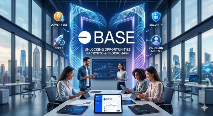 The image features a group of people sitting around a table, with a large screen displaying information about cryptocurrency and blockchain technology. The text "New doors to the cryptocurrency and blockchain space have been unlocked using @base" suggests that Base has made significant advancements in this field. The post also mentions lower gas fees as an exciting opportunity for both developers and end-users. This implies that Base is not only providing access to new opportunities but also making it more affordable for people to engage with the cryptocurrency and blockchain space, potentially opening doors for innovation and growth within these industries.