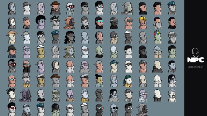 A grid display of numerous pixel-art NFT character portraits labeled 'NPC' with the handle '@npconchain' in the bottom right corner.