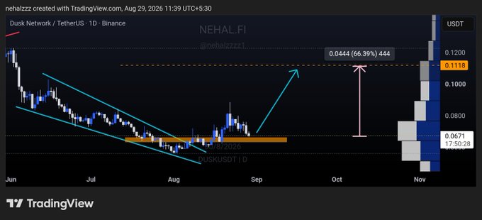 A TradingView chart for DUSK/USDT on Binance shows the price breaking out of a long-term descending channel and consolidating around the $0.065–$0.067 support zone, with an arrow projecting a target of $0.1116 (a 66.39% gain of 444 units) near the previous resistance around $0.10–$0.112.