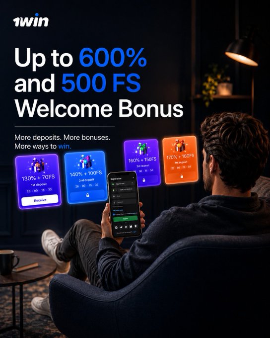 A promotional advertisement for '1win' featuring a man looking at a smartphone, with text reading 'Up to 600% and 500 FS Welcome Bonus' and deposit tier cards.