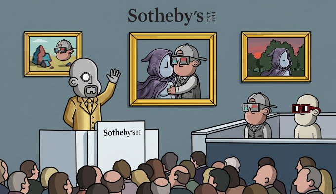 A cartoon illustration of a Sotheby's auction scene featuring NFT-style characters with pixelated sunglasses, with framed digital artworks on the wall including a hooded character embracing another figure.