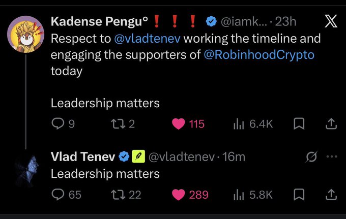 The image captures a Twitter exchange where "Kadense Pengu" (@iamk...) praises @vladtenev of Robinhood for engaging with Bonk's community, and Vlad Tenev responds with the tweet "Leadership matters." The post highlights how Vlad from Robinhood is publicly acknowledging and engaging with Bonk's influential community figure @iamkadense, suggesting a meaningful connection between Robinhood's leadership and the Bonk crypto project's community.