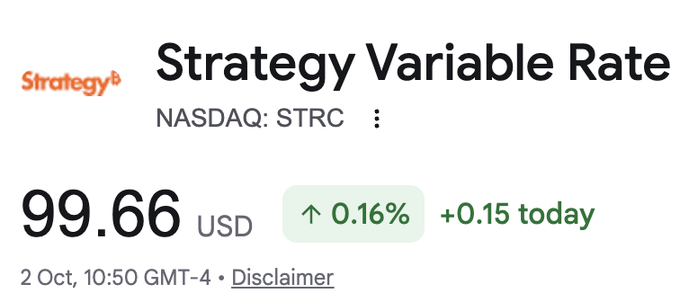 A stock quote showing Strategy Variable Rate (NASDAQ: STRC) trading at $99.66 USD, up 0.16% (+$0.15) as of October 2 at 10:50 GMT-4. The image visually supports the post's claim about STRC's recovery, showing the preferred stock now sitting just 34 cents away from its $100 par value while skeptics who predicted it would go to zero have gone quiet.