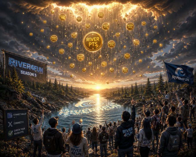 A fantasy promotional artwork for 'RIVER4FUN SEASON 5' showing a crowd of people looking up at a golden sky filled with 'RIVER PTS' coins raining down over a river landscape.