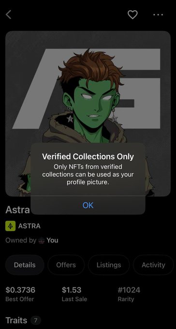 A mobile screenshot of an NFT marketplace displaying a green-skinned character named 'Astra', partially obscured by a pop-up stating 'Verified Collections Only'.