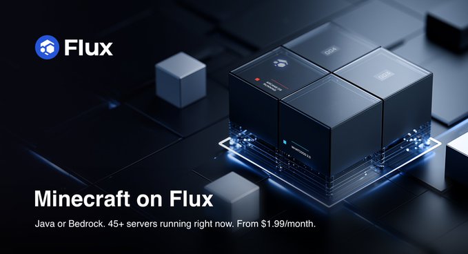 A promotional image for 'Flux' showing 'Minecraft on Flux' with text 'Java or Bedrock. 45+ servers running right now. From $1.99/month.'