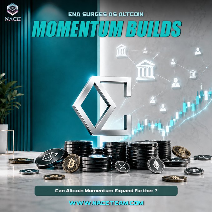 A promotional graphic from naceteam.com features a metallic ENA (Ethena) logo centered above stacks of cryptocurrency coins, with a glowing candlestick chart showing upward momentum in the background, accompanied by the headlines "ENA Surges as Altcoin Momentum Builds" and "Can Altcoin Momentum Expand Further?" The image visually reinforces the post's theme of ENA and altcoin HYPE gaining market traction, with NACE branding promoting their exchange and altcoin tracking.