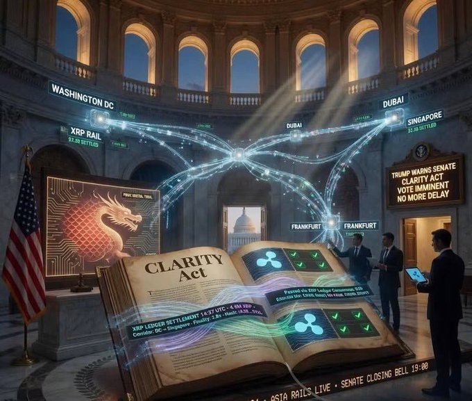 A digital artwork depicting a grand hall with an American flag, a screen showing a dragon logo, and an open book labeled 'CLARITY Act' with glowing connections between cities like Washington DC, Dubai, Singapore, and Frankfurt, alongside text about Trump warning the Senate.