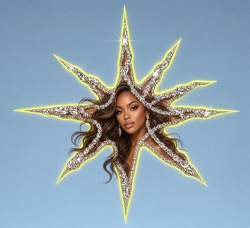 An illustrated portrait of a woman with long flowing brown hair centered inside a large, eight-pointed star with a gold border and rhinestone detailing against a light blue background.