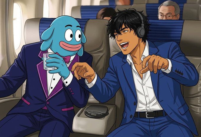 An anime-style illustration of two men in suits seated on an airplane—one with messy dark hair wearing headphones and laughing, and a blue cartoonish character in a tuxedo holding a glass.
