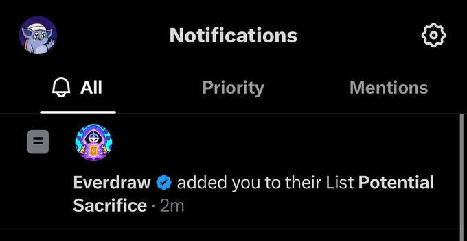 A Twitter/X notification showing that 'Everdraw' added the user to a list called 'Potential Sacrifice'.