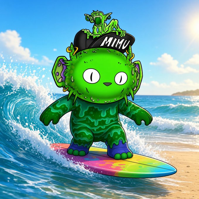 A vibrant cartoon illustration shows a fluffy green creature surfing on a rainbow-colored board atop crashing ocean waves, with a smaller green gremlin perched on its backward cap reading "MIMU." The beachside scene perfectly captures the "suns out, board out" vibe from the post, tying the tropical surfing imagery to the playful mascot branding of @mimuonape.