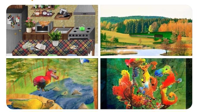 A four-panel collage showcases diverse artworks: a cozy illustrated kitchen scene, a serene autumn landscape with a forest and water, a whimsical painting of colorful seahorses, and an abstract piece featuring vibrant seahorses in swirling hues, fitting the "Share Your Magic Art" theme.