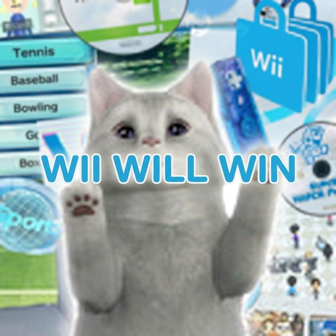 A white cat with a serious expression raising its paw, set against a collage of Wii Sports activities, with bold text declaring 'WII WILL WIN.'