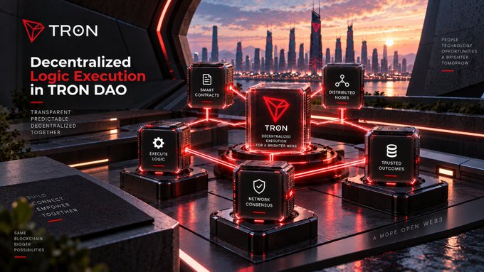 A promotional graphic for 'TRON DAO' illustrating 'Decentralized Logic Execution' with interconnected 3D blocks representing Smart Contracts, Distributed Nodes, Execute Logic, Network Consensus, and Trusted Outcomes set against a futuristic cityscape at sunset.