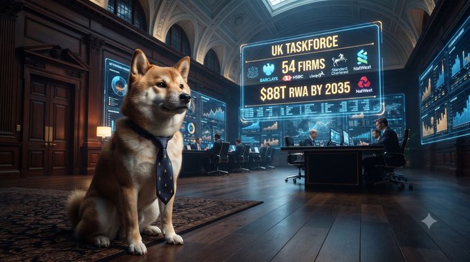 An AI-generated image of a Shiba Inu dog wearing a tie sitting in a trading room, with a 'UK TASKFORCE' screen showing '54 FIRMS' and '$88T RWA BY 2035' alongside company logos including Barclays, HSBC, Lloyd's, Standard Chartered, and NatWest.