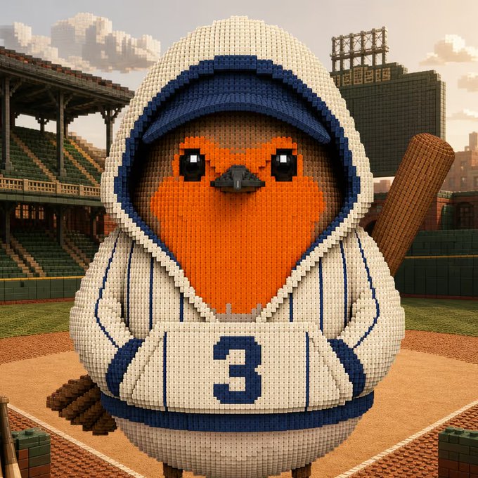 A pixelated, LEGO-style orange bird mascot wearing a cream-colored baseball uniform and cap with the number '3' on the jersey, holding a bat in a stadium setting.