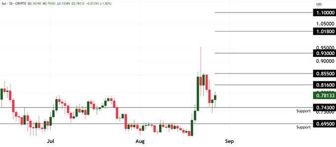 A financial candlestick chart titled 'Sui - 1D - CRYPTO' displays price action with resistance levels at 1.10000, 1.05000, and 1.01800, and support levels at 0.74300 and 0.69500, with the current price marked at 0.78133.