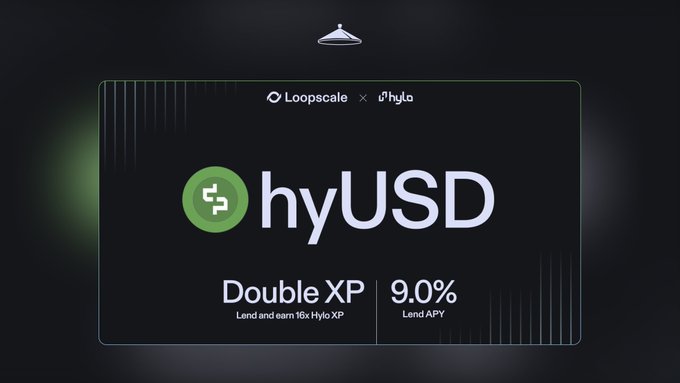 This image highlights "hyUSD" with "Loopscale x hylo" branding, promoting "Double XP" for lending and a "9.0% Lend APY". It visually represents the opportunity mentioned in the accompanying post about earning 16x Hylo XP and boosted yields.