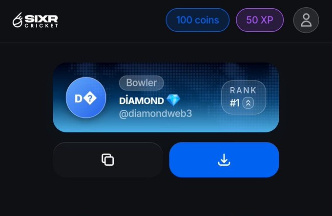 A SIXR Cricket user profile displays "100 coins," "50 XP," and a "Bowler" badge for user "DIAMOND" (@diamondweb3) at Rank #1, with copy and download buttons below. The profile interface aligns with the post's announcement of SIXR Cricket's new Power Play browser-based cricket game where players can compete against legends and climb a global leaderboard.