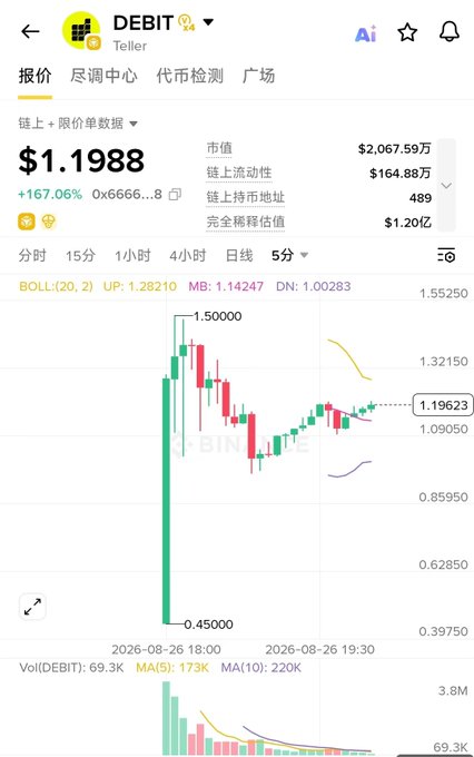A mobile app screenshot showing cryptocurrency price data for 'DEBIT' at $1.1988 with a +167.06% increase, displaying market cap, liquidity, and a candlestick chart.