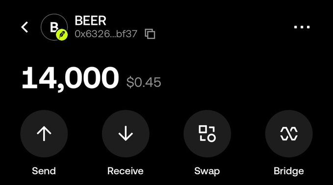 A dark-themed crypto wallet screen displaying a BEER token balance of 14,000 valued at $0.45, with action buttons for Send, Receive, Swap, and Bridge.