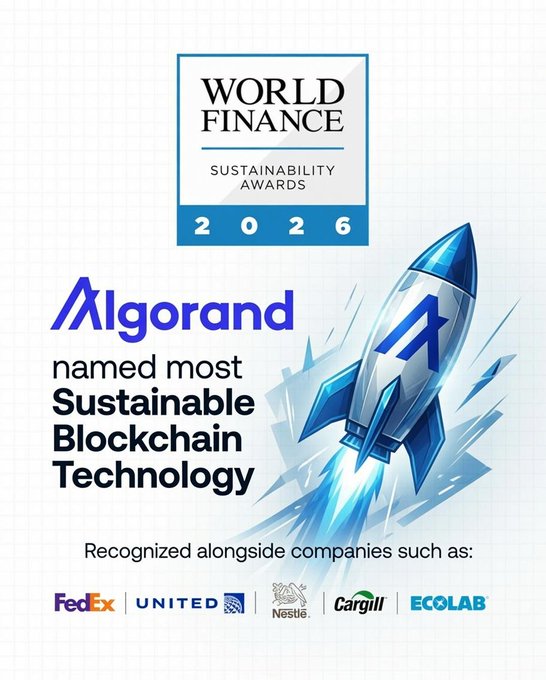 A promotional graphic for the World Finance Sustainability Awards 2026 featuring Algorand, named 'most Sustainable Blockchain Technology,' alongside companies such as FedEx, United, Nestlé, Cargill, and Ecolab.