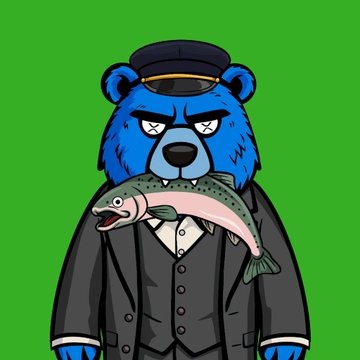 A blue bear wearing a black cap and vest holds a fish in its mouth against a green background, fitting the post's mention of the $FUZZY and $TEDDY NFT collections and the playful "gm" greeting.