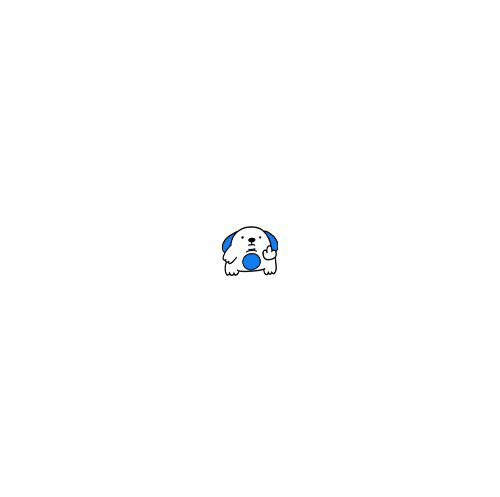 A minimalist digital illustration of a small, cute white and blue dog sitting against a completely white background.