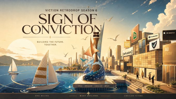 A promotional banner for "Viction Retrodrop Season 6 - Sign of Conviction" featuring a stylized cityscape with sailboats, a central trophy-like sculpture emerging from water, and sponsor logos including FrontDAO and VC Master, tied to the platform's evolution from TomoChain (2018) to Viction (2023). The imagery of ships sailing forward visually mirrors Viction's long journey of growth and transformation across its rebranding milestones.