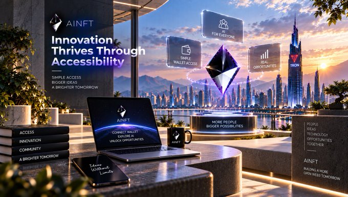 A promotional banner for AINFT reads "Innovation Thrives Through Accessibility" alongside icons for AI, Simple Wallet Access, and Opportunities, set against a futuristic cityscape with a glowing purple Ethereum diamond.