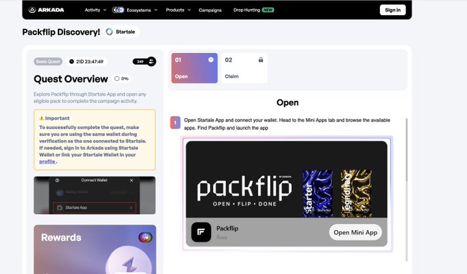 A webpage from Arkada shows a 'Packflip Discovery!' quest overview, featuring a quest to open the Startale App, connect a wallet, and explore the Mini Apps tab to launch the Packflip app.