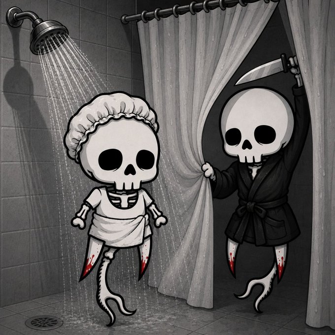 Black and white illustration of two cartoon skeleton characters with tentacles—one wearing a shower cap in a shower, and another in a robe holding a knife behind a shower curtain.