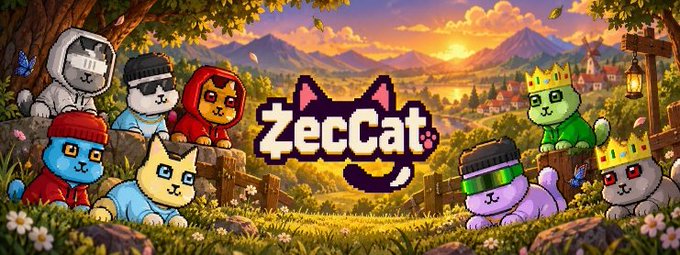 A colorful pixel-art style banner for 'ZecCat' features several cartoon cats wearing various hoodies and hats in a scenic outdoor landscape.