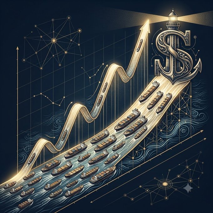 A stylized digital illustration depicting a strong upward financial trend, featuring a golden arrow/line chart rising over stylized ships on ocean waves, set against a dark blue background with network/node graphics and a large golden dollar sign emblem.