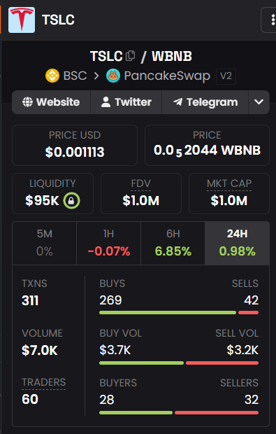 A cryptocurrency tracker screen for TSLC token on BSC/PancakeSwap V2, showing price $0.001113 (0.0₅2044 WBNB), liquidity $95K, FDV $1.0M, market cap $1.0M, with 311 transactions.