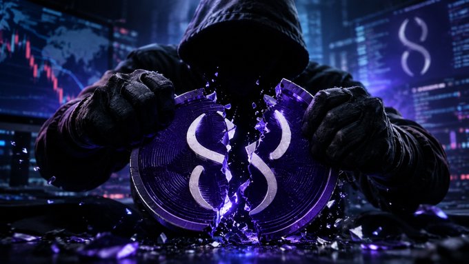 A dramatic digital artwork of a hooded figure shattering a large purple cryptocurrency coin with the Stellar (XLM) logo, set against a backdrop of falling stock charts.